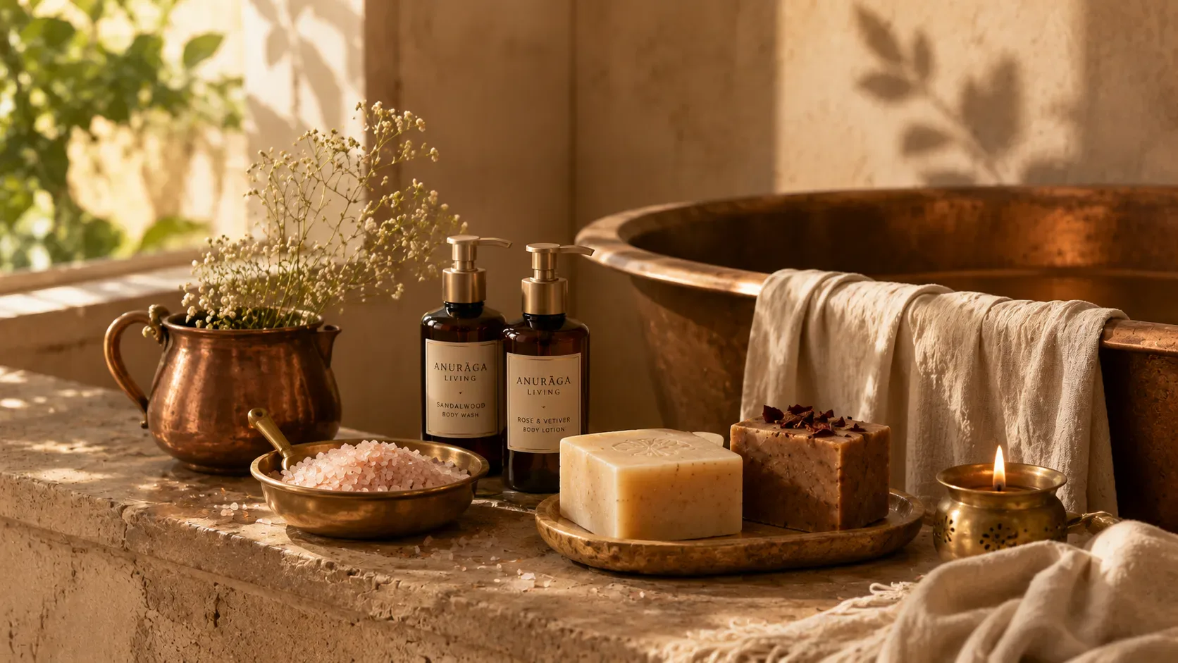 Bath salts, soap bars and a copper vessel styled beside a stone bathtub