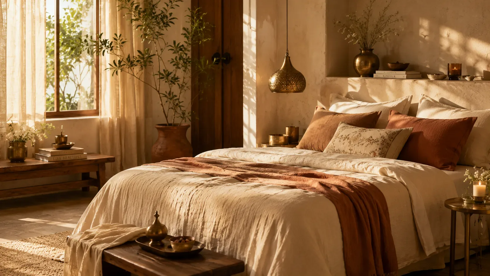 A serene bedroom styled with layered linen bedding and warm brass lighting