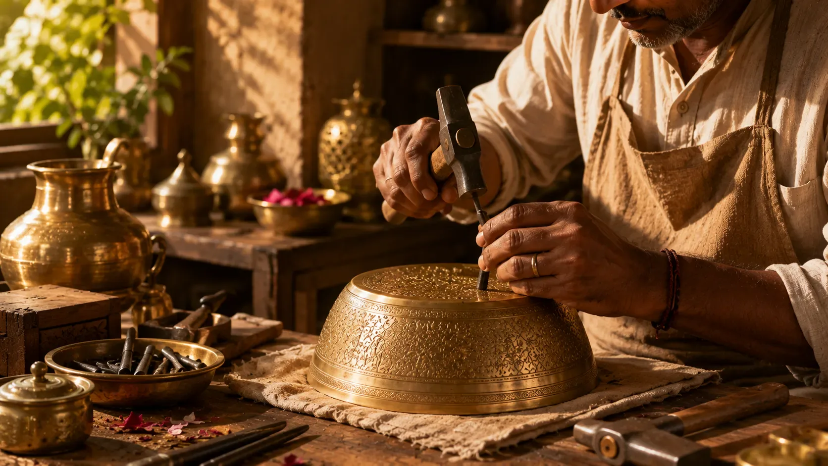 An Indian artisan's hands shaping brass in a workshop