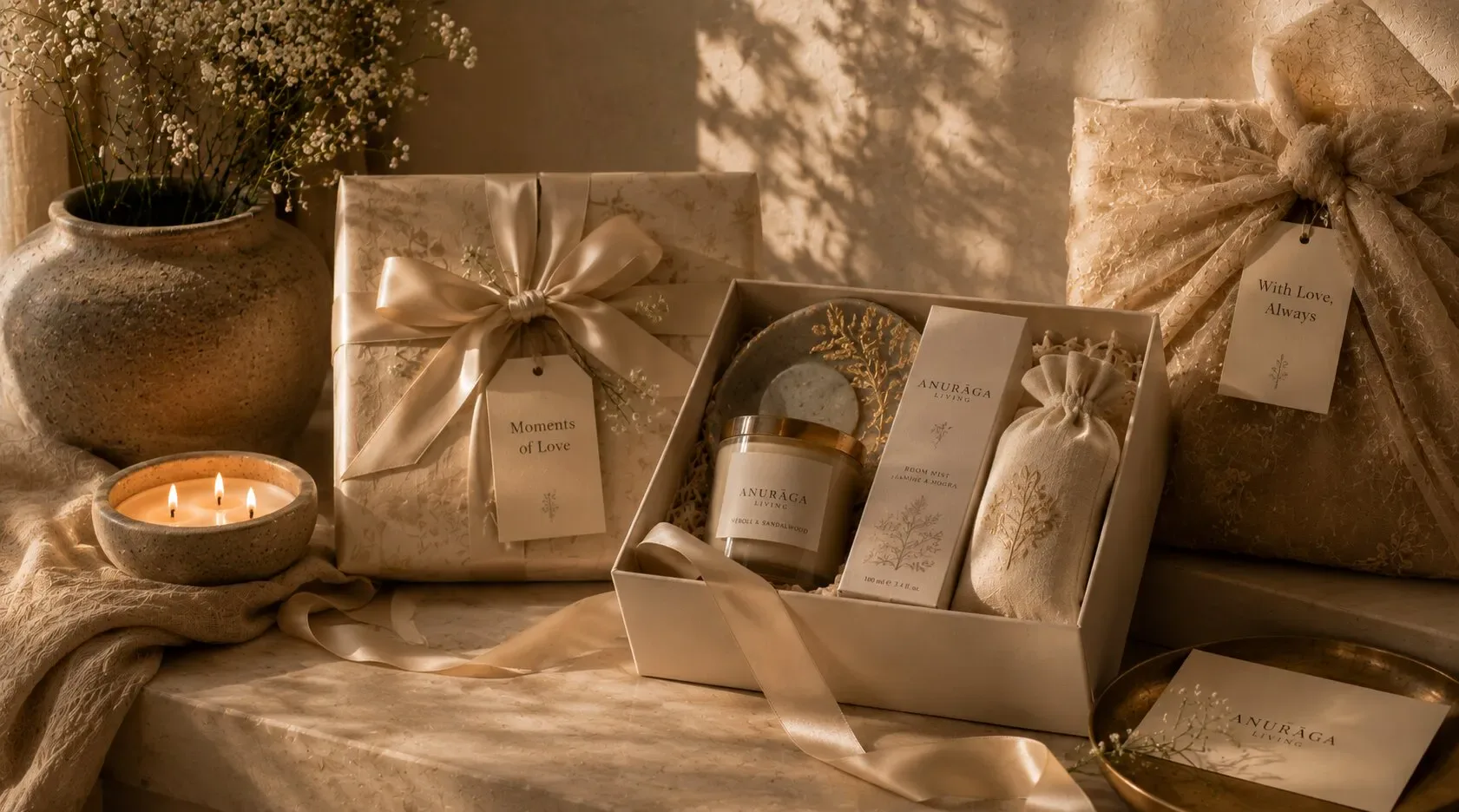 A stack of luxury gift boxes wrapped in textured paper and twine