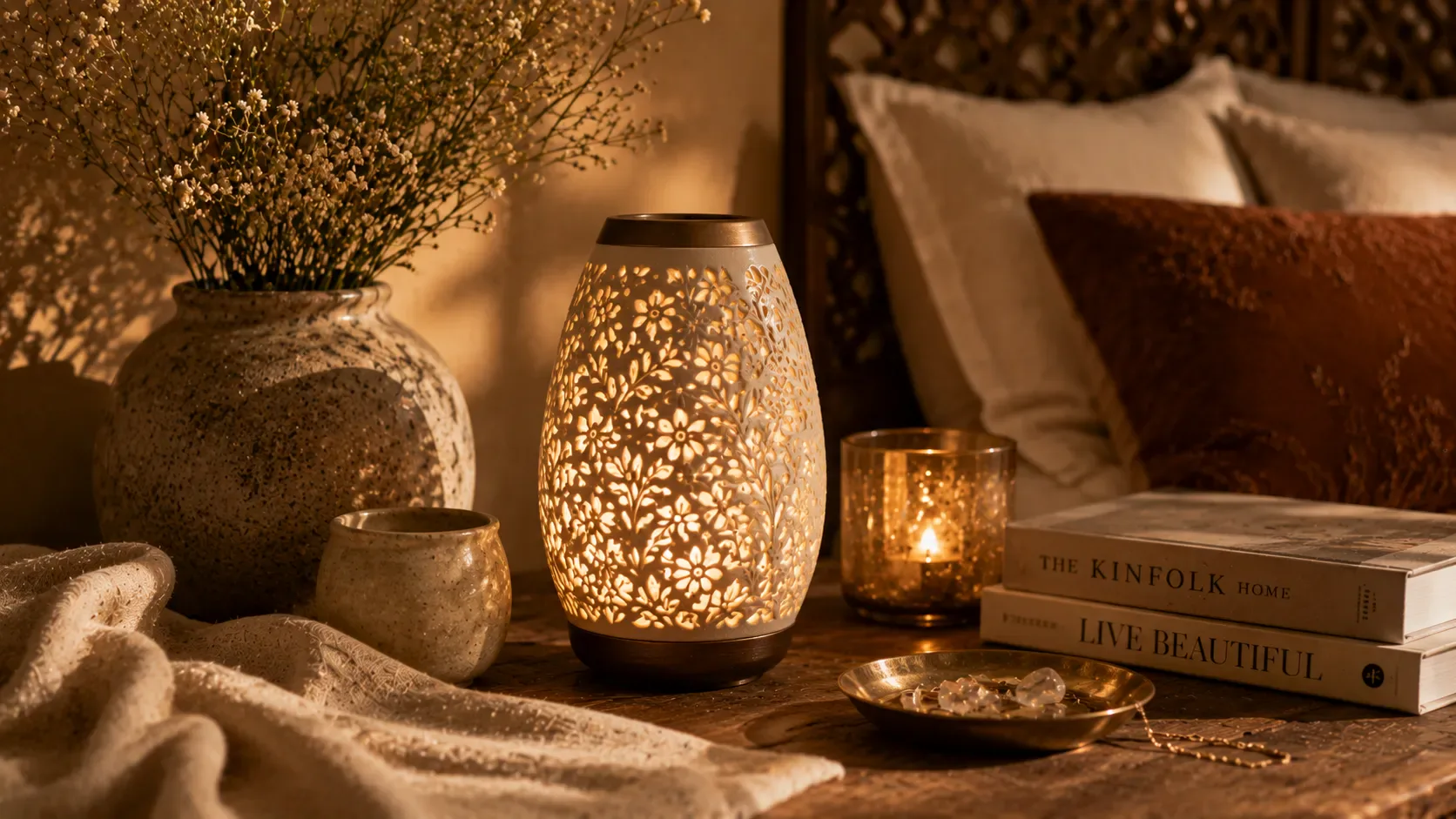 A warm brass table lamp glowing on a bedside table at dusk