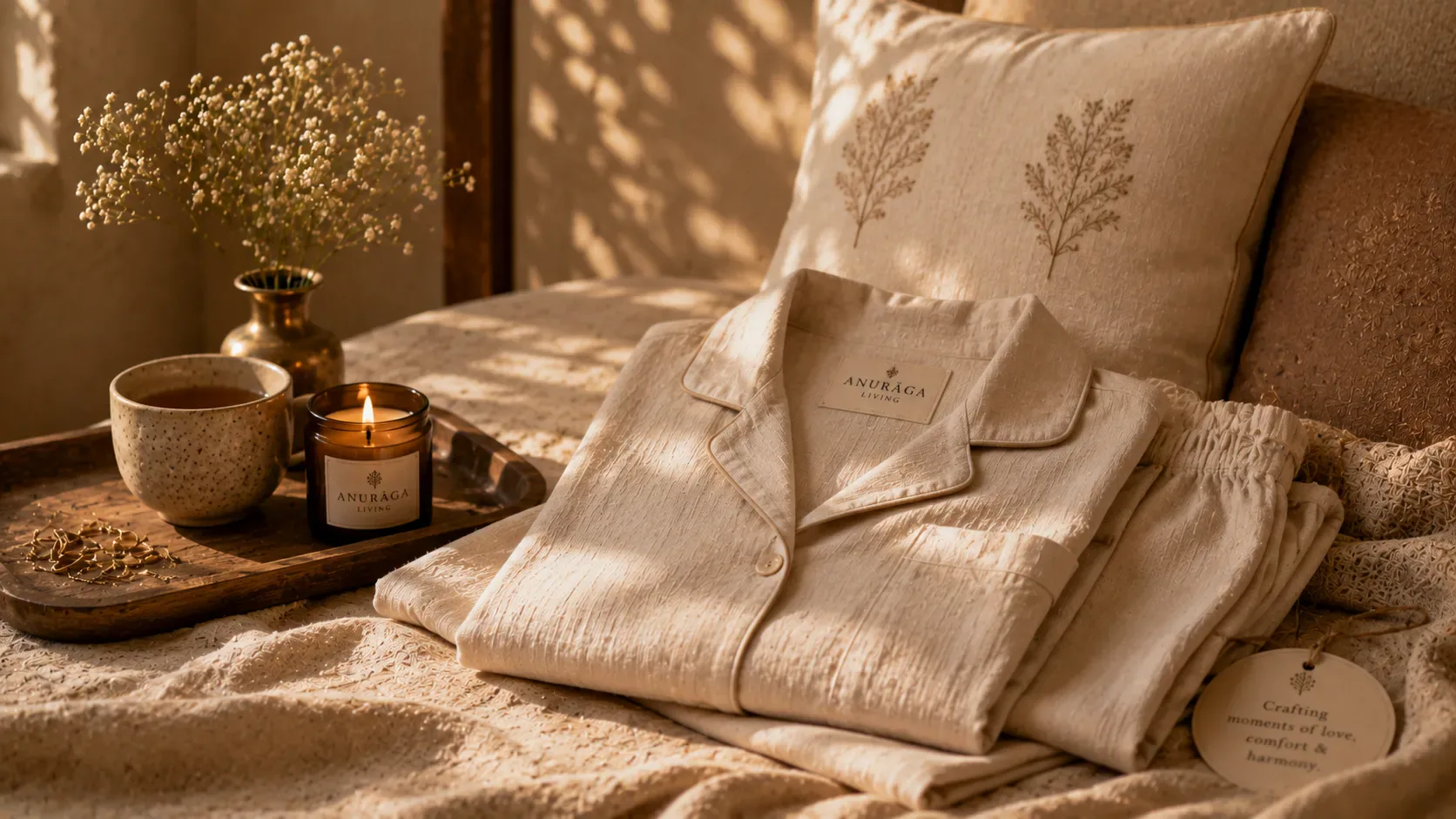 A couple in matching loungewear relaxing on a sofa with morning light